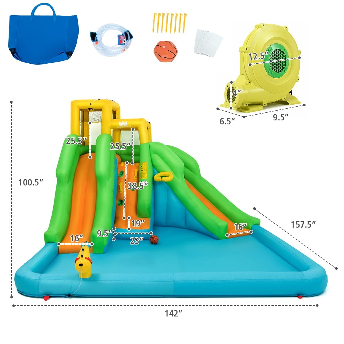 Inflatable Bounce House, Mighty Water Pool with Two Slides