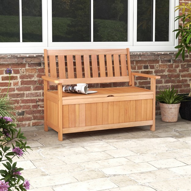 Costway 48 Inch Patio Storage Bench Hardwood Loveseat With Slatted Backrest For Backyard