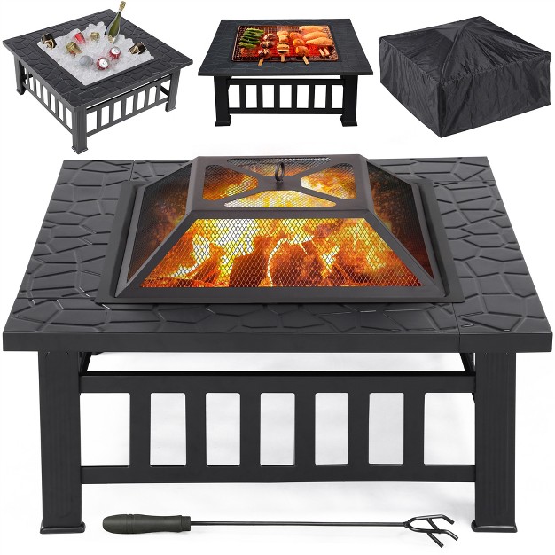 Yaheetech 32in Fire Pit Table Square Metal Firepit Stove Backyard Garden Fireplace For Camping