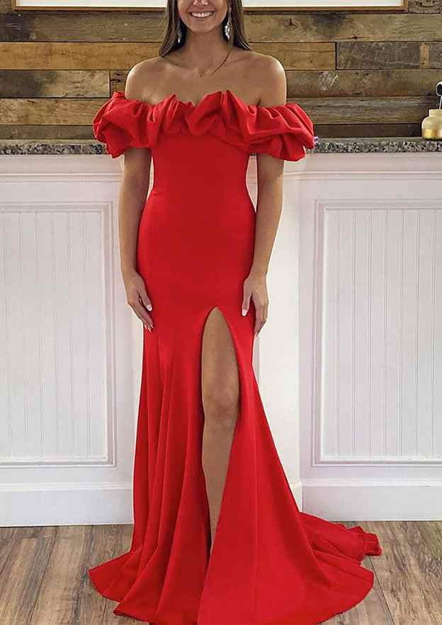 Stylish Sleeveless Off-the-Shoulder Sheath/Column Prom Dress/Evening Dress with Ruffles & Split - Satin Sweep Train