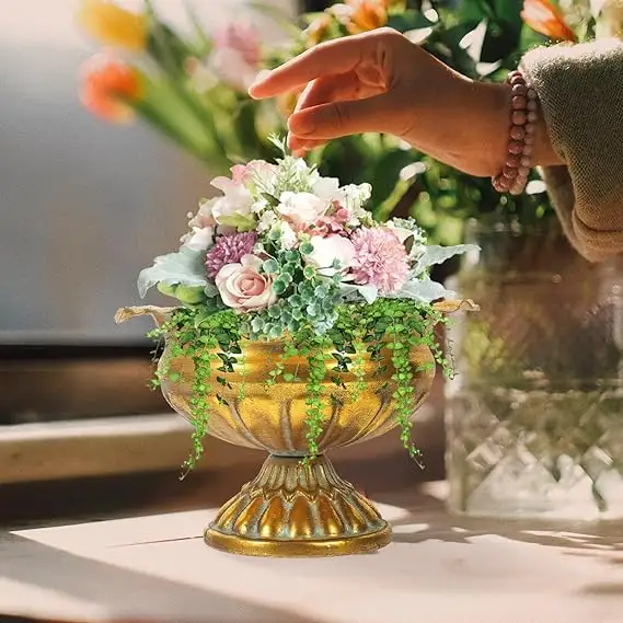 Vintage Decorative Flower Vase Living Room Kitchen Office Supply Golden Pot Planters IndoorGold Iron Art Flower Pot