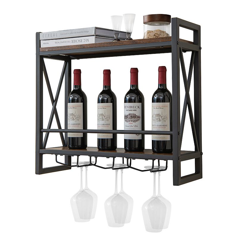 Industrial Wall Mounted Wine Rack With 3 Stem Glass Holders