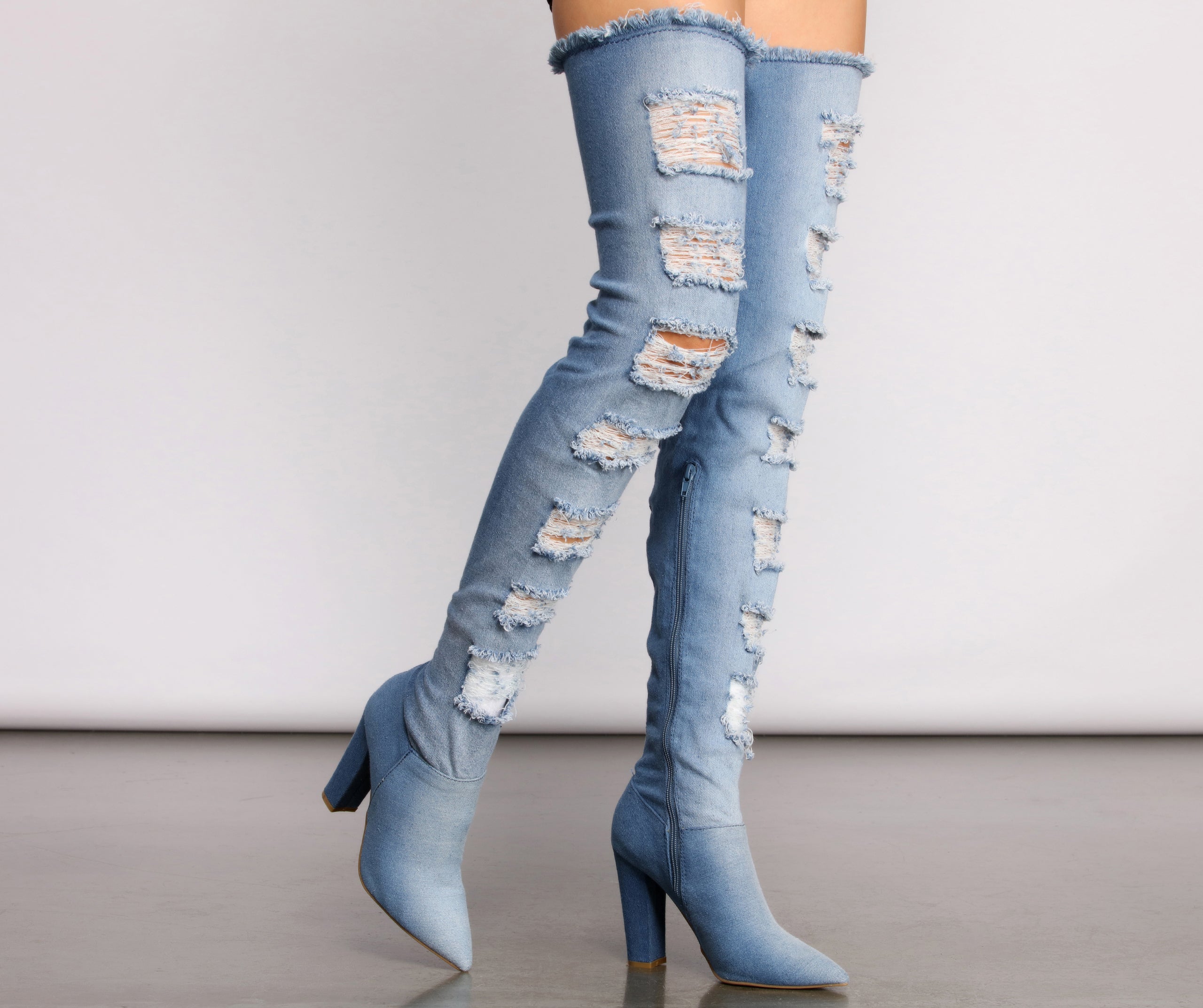 Destructed Denim Over The Knee Heeled Boots