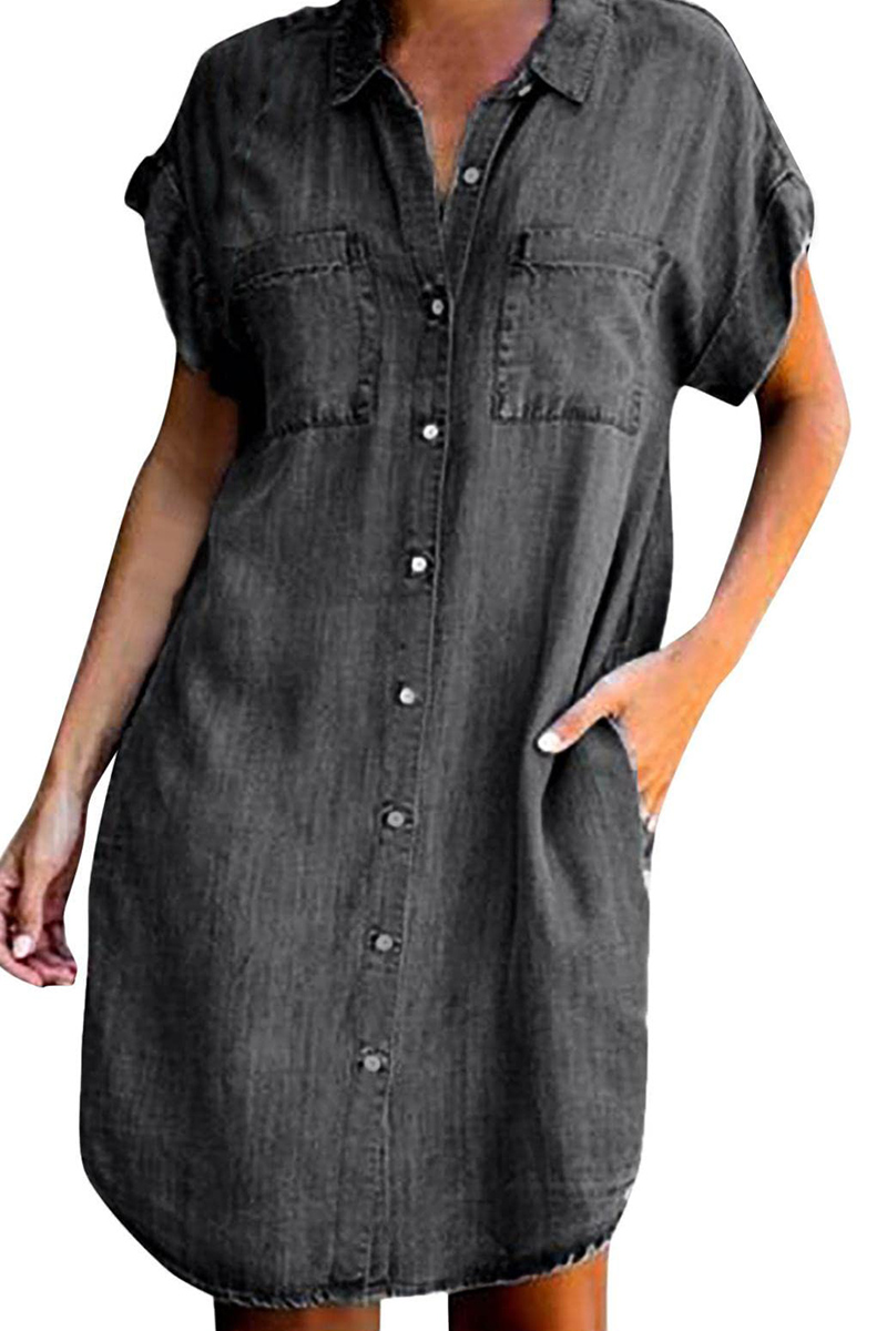 Plus Size Turndown Collar Double Pocket Button Up Denim Mini Dress