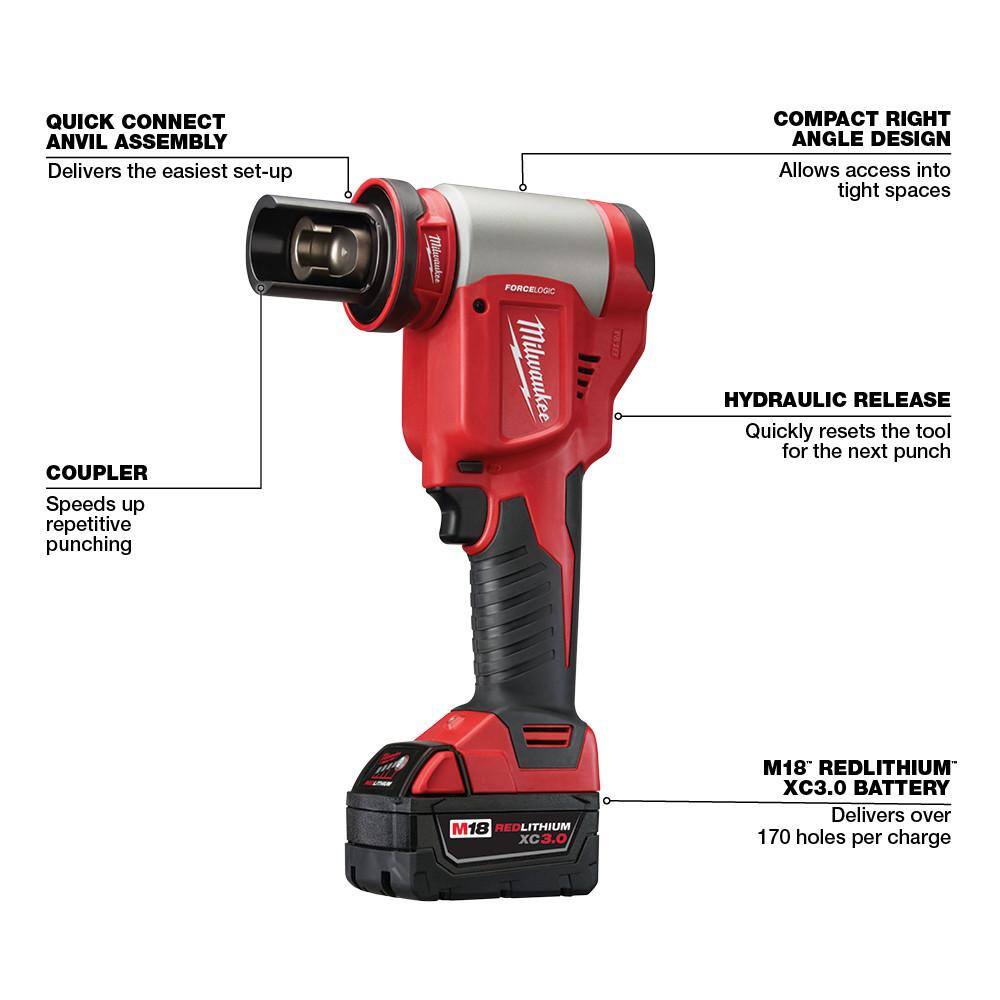 MW M18 18V Lithium-Ion 12 in. to 4 in. Force Logic High Capacity Cordless Knockout Tool Kit with Die Set and Draw Stud 2676-23-49-16-2704