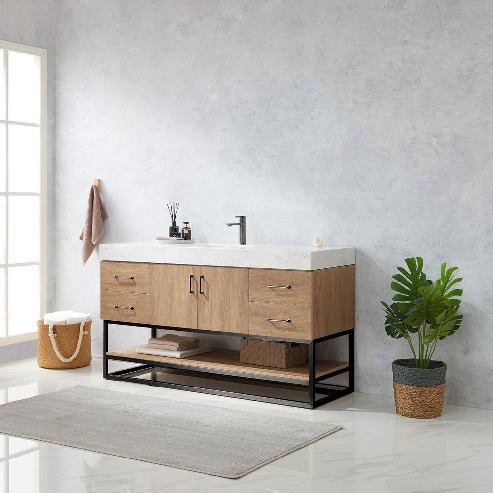 ROSWELL Alistair 60B in. W x 22 in. D x 33.9 in. H Single Sink Bath Vanity in North American Oak with White Grain Stone Top 889060BS-NO-GWN