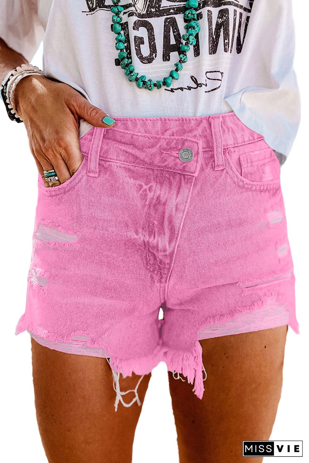 Pink High Rise Crossover Waist Denim Shorts