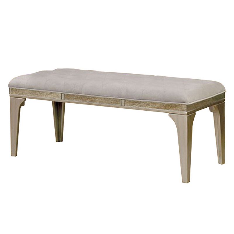 51 Inch Wood Bench， Cushioned Seat， Tapered Legs Support， Gray， Champagne Silver