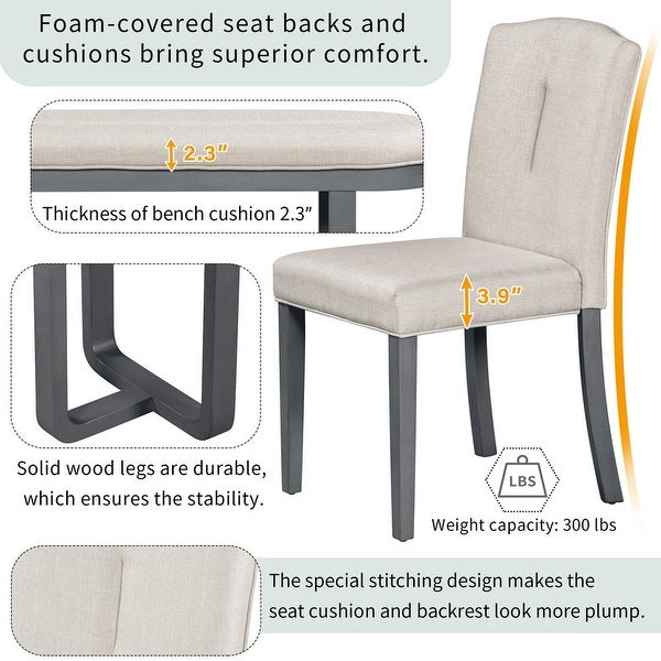 6-piece kitchen table， rectangular dining table， 4 upholstered chairs and benches， foam covered backrest and cushions