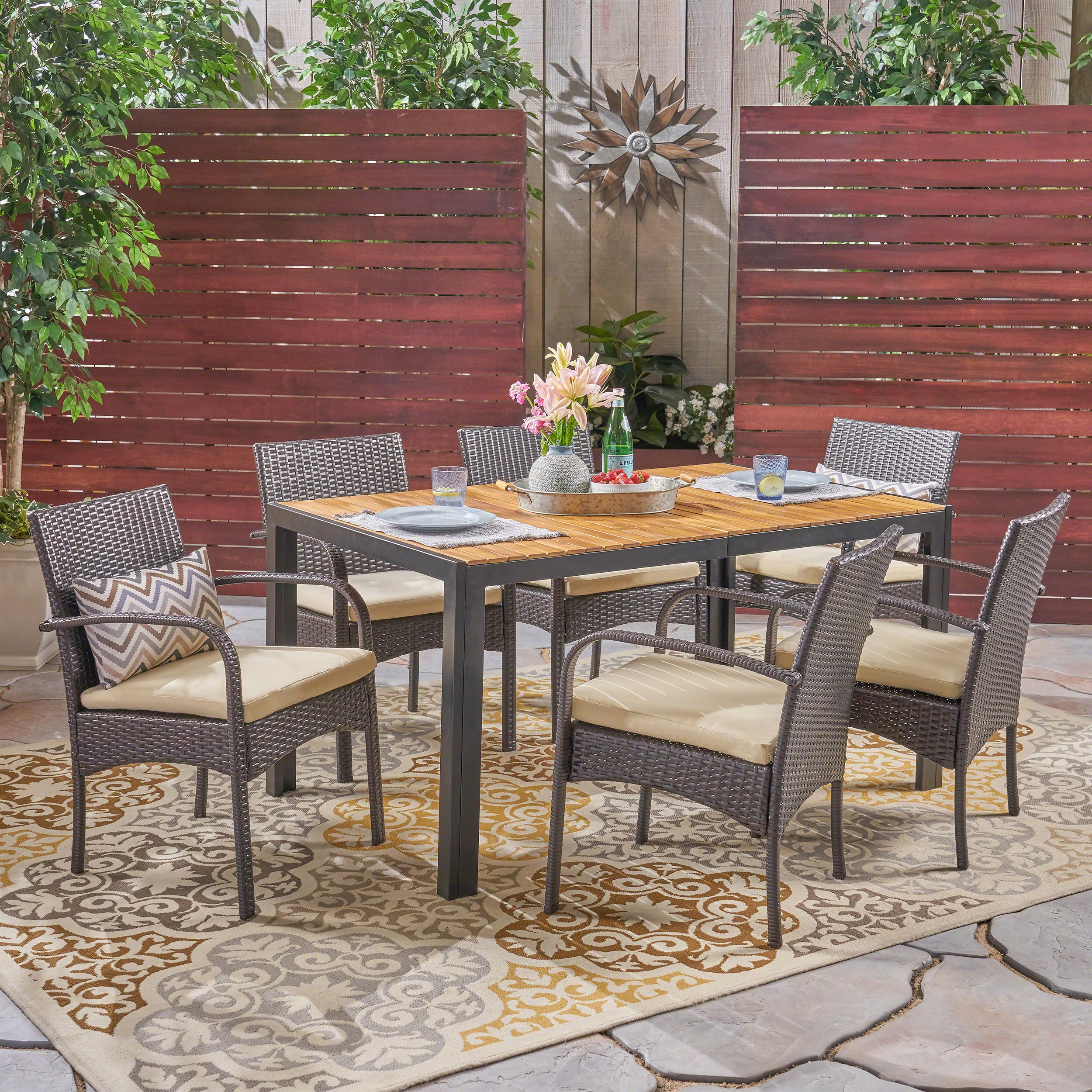 Quintina Outdoor 6-Seater Rectangular Acacia Wood and Wicker Dining Set, Teak with Black and Brown with Cream