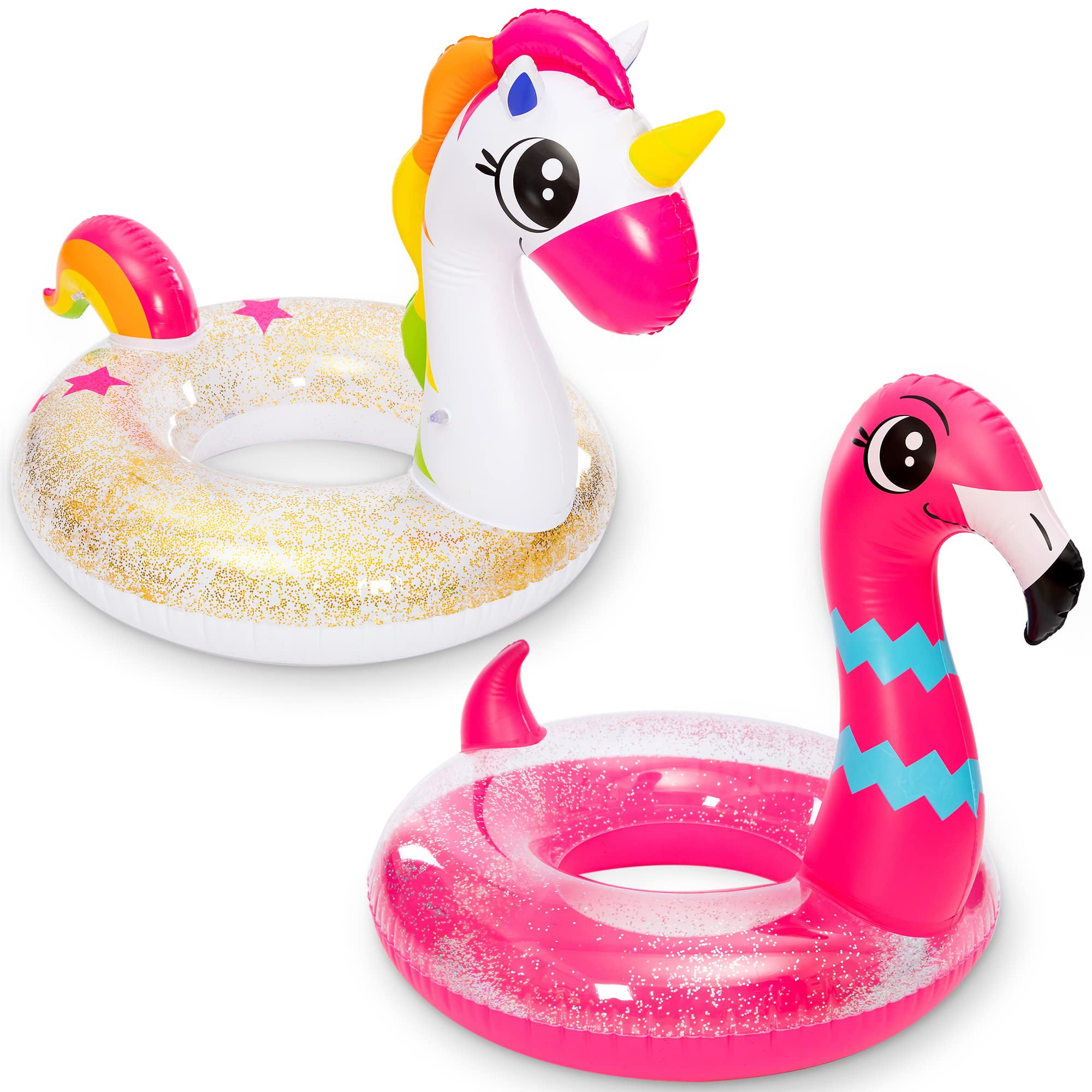 JOYIN 2 Set Inflatable Unicorn & Flamingo Pool Float with Glitters 35.5”, Pool Tubes for Floating, Fun Beach Floaties, Pool Toys, Summer Pool Beach Outdoor Party Supplies Party Toys for Kids