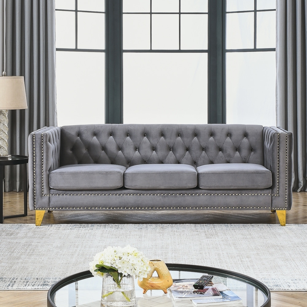 Buttons Tufted Square Arm Couch Set  Velvet Upholstered Sofa with Removable Cushion and Metal Legs for Living Room