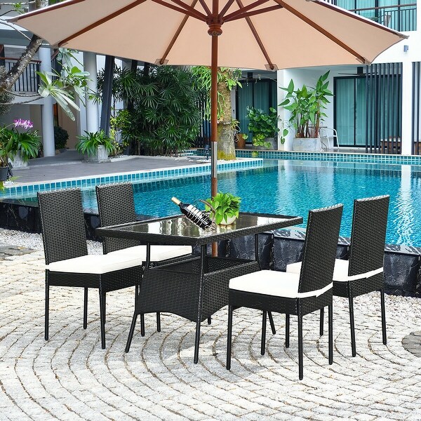 Costway 5PCS Patio Rattan Dining Set Cushioned Chair Table w/Glass Top