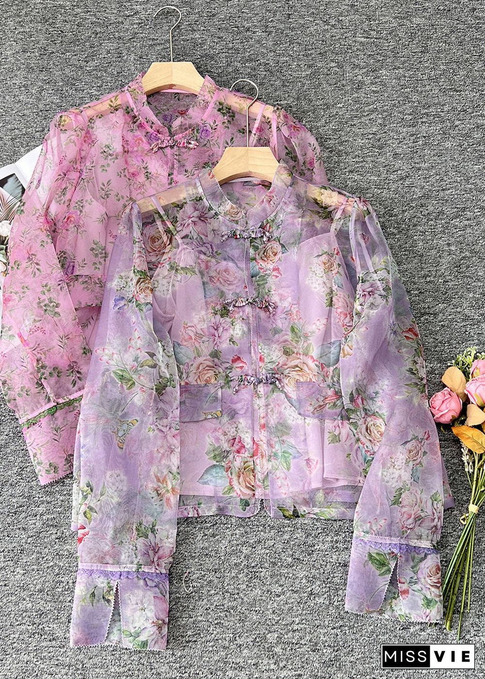 Cute Pink O-Neck Print Patchwork Organza Shirts Long Sleeve