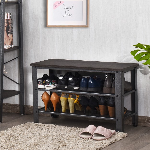 3 tier Shoe Rack industrial Shoe Bench With Storage Shelves For Livingroom Grey