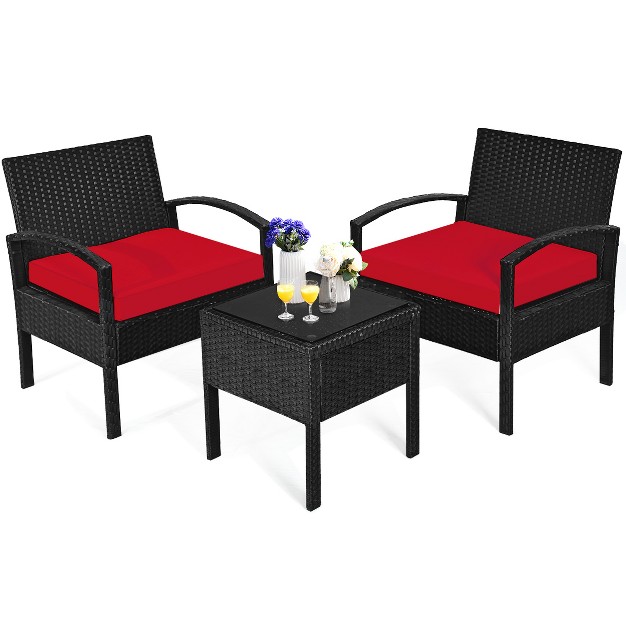 Tangkula 3 Pieces Patio Set Outdoor Wicker Rattan Furniture W Cushions Red