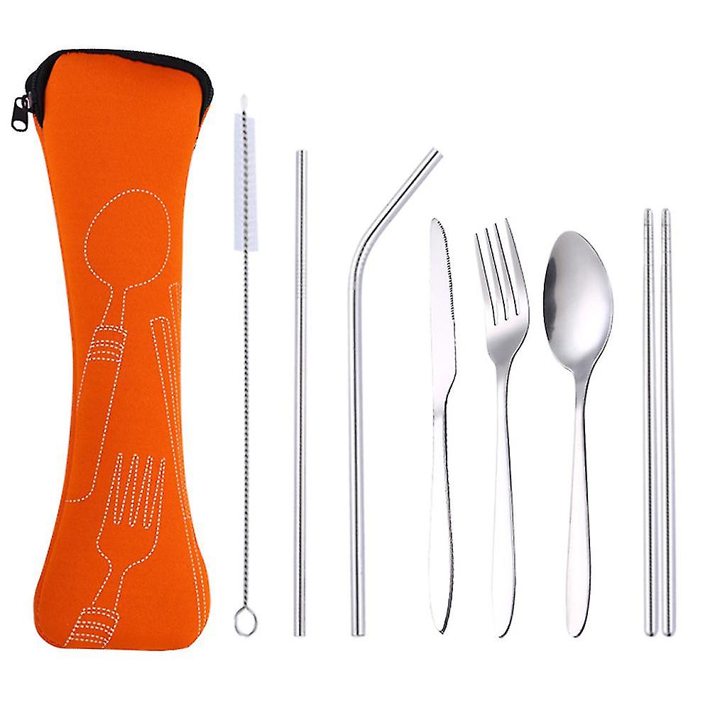 Outdoor Portable Stainless Steel Cutlery Set - Half Flower - Seven-piece Straw Set