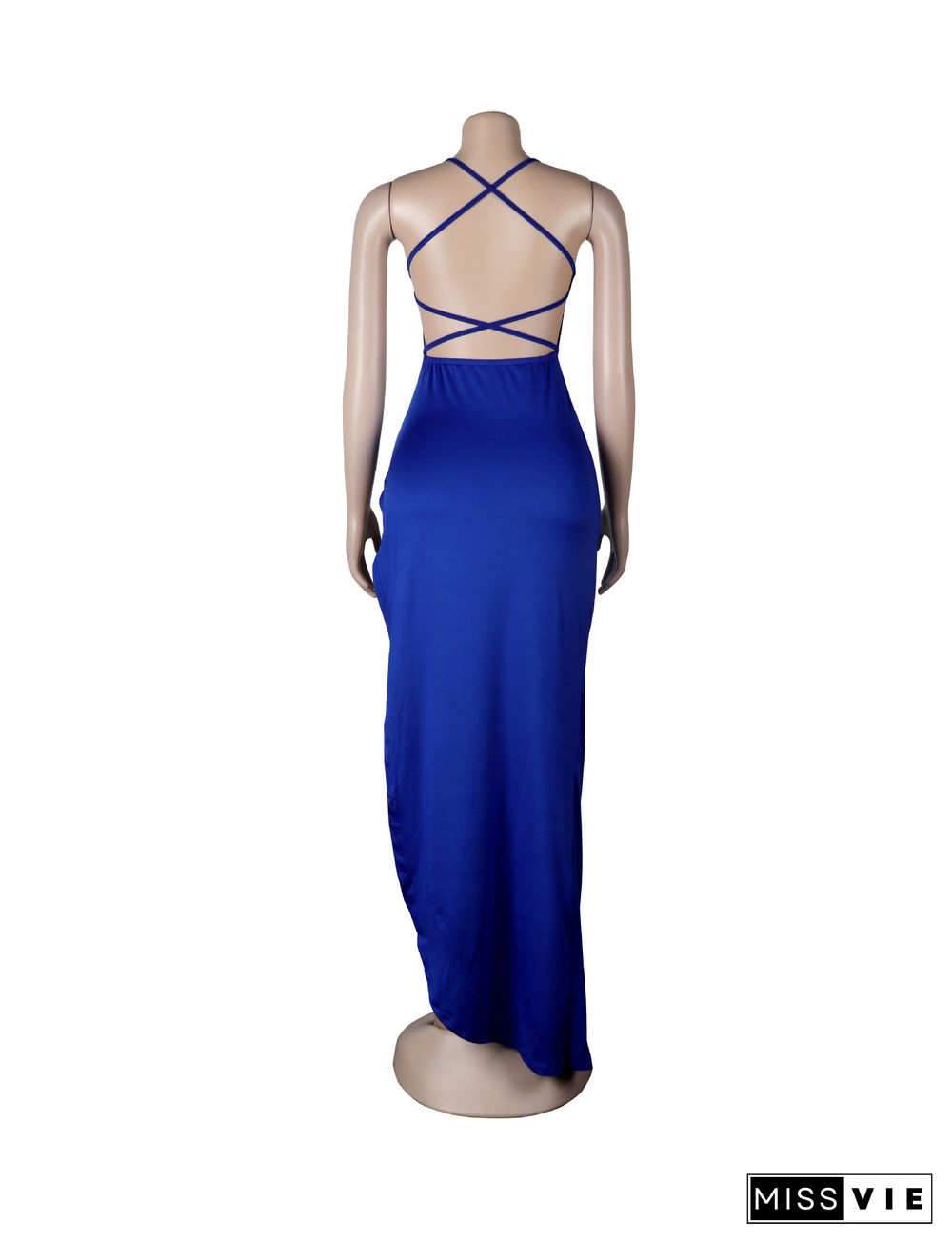 Women Sexy Solid Backless Halter Sling Bandage High Side Slit Slinky Evening Party Long Maxi Dress