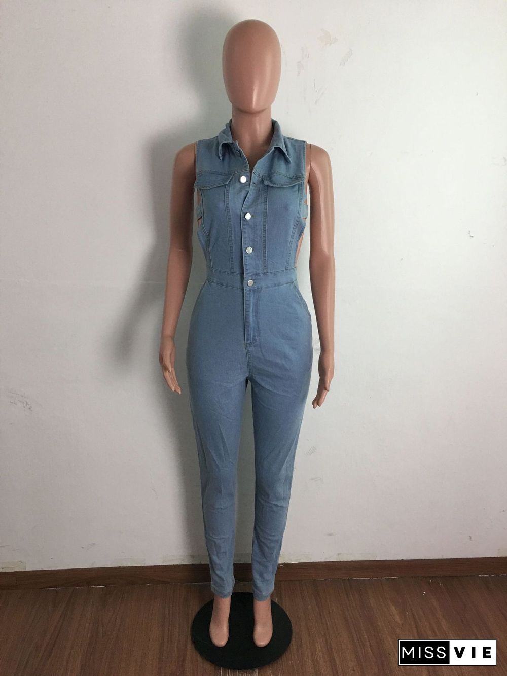 Plus Size Solid Sleeveless Side Hollow Out Button Up High Waist Bodycon Summer Denim Women Jumpsuits