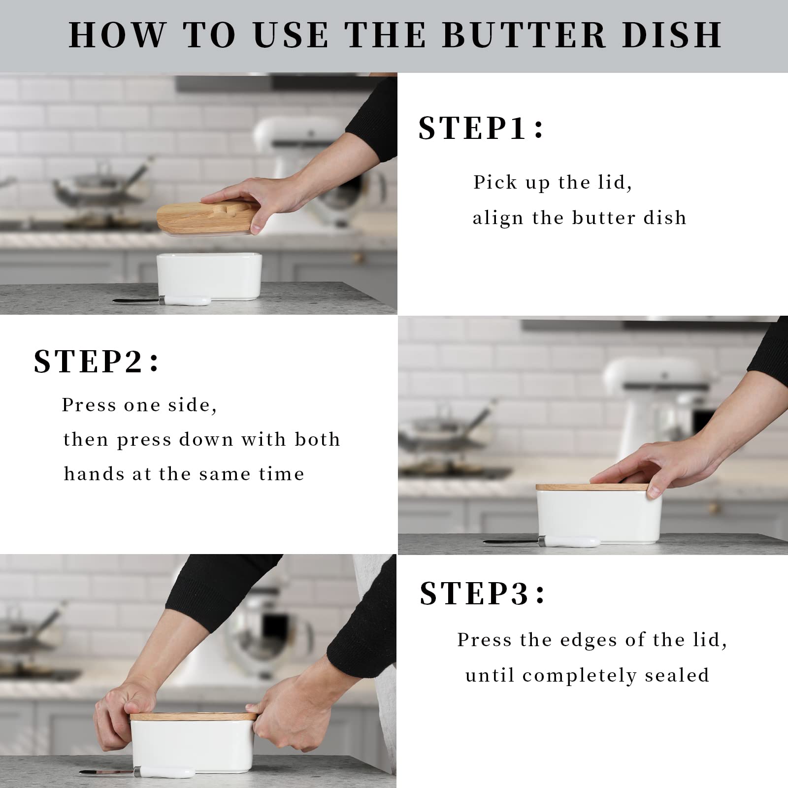 Butter Dish - Large Ceramics Butter Holder with Silicone Sealing， Natural Wooden Lid and Stainless Steel Knife， Perfect for 2 Stick of Butter， White