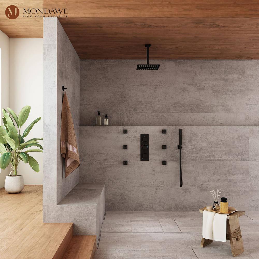 Mondawe Athens Multiple 5-Spray Patterns 2.5 GPM 12 in Ceilling Mount Rainfall Dual Shower Heads with 6-Jet Valve in Matte Black MD6865-MB