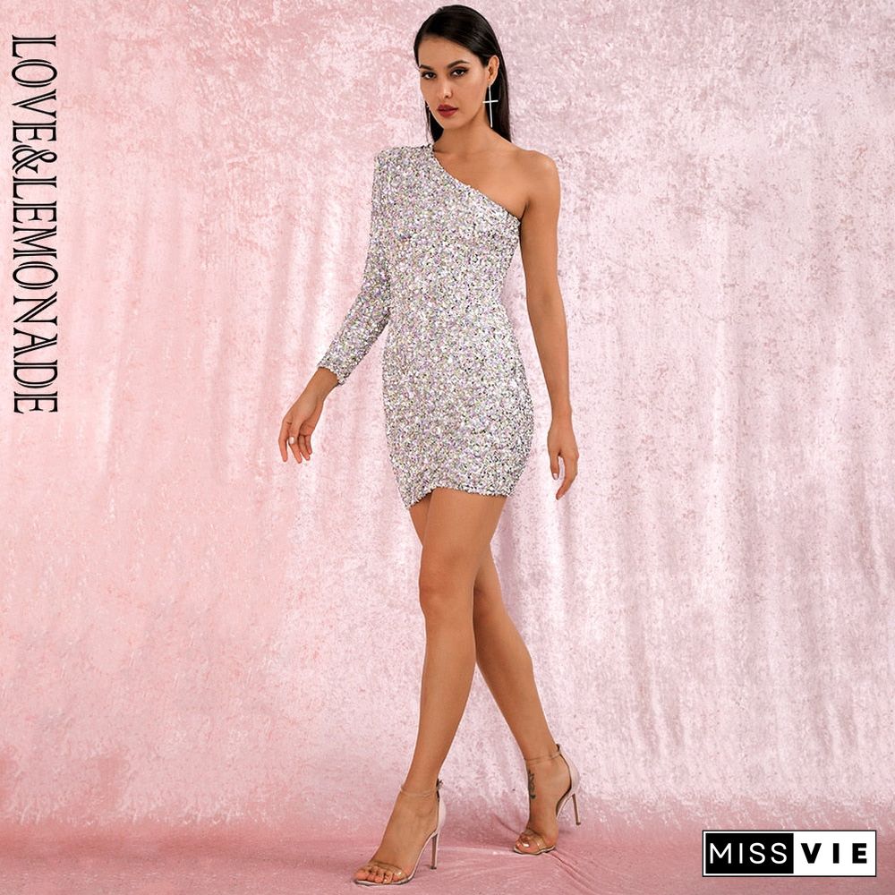 Love&Lemonade Sexy One Shoulder Bodycon Silver Colorful Sequins Party Mini Long Sleeve Dress Lm82093