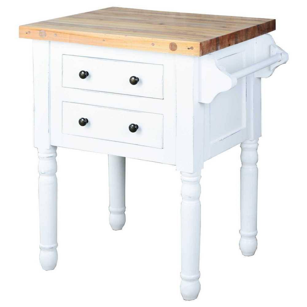 AndMakers Shabby Chic Cottage Distressed White and Salvage Brown Solid Wood 29.5 in. Kitchen Island with 2-Drawers and Towel Rack BH-TAB814TLDWWS