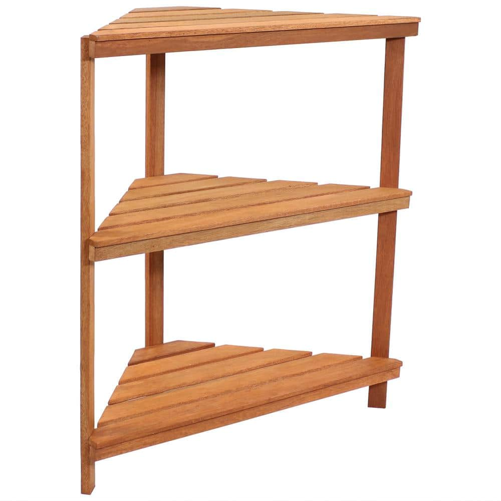 Sunnydaze Meranti Wood Teak Oil 3-Tier IndoorOutdoor Corner Plant Stand LAM-646