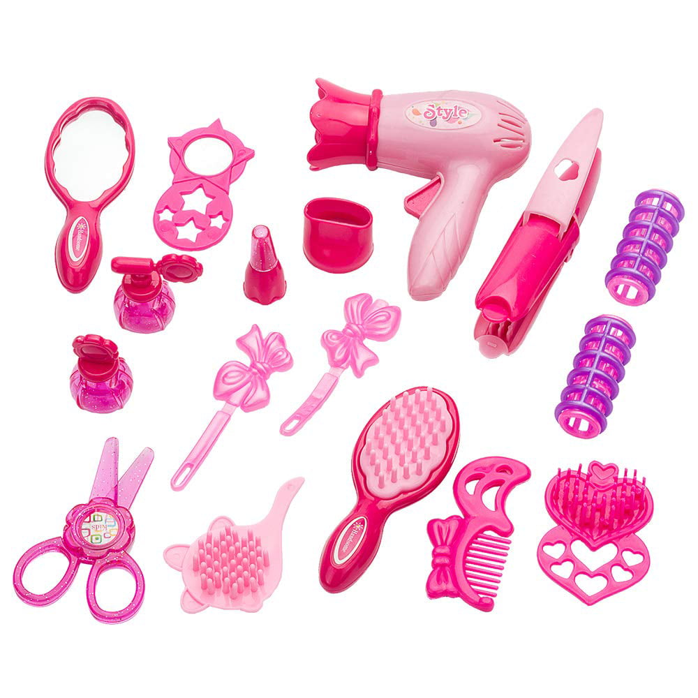 Kids Beauty Salon Set Toys Little Girl Makeup Kit Pretend Play Hair Station with Case， Hairdryer， Brush，Mirror and Styling(17pcs) Toy for little girl 1 2 3 4 Years Old