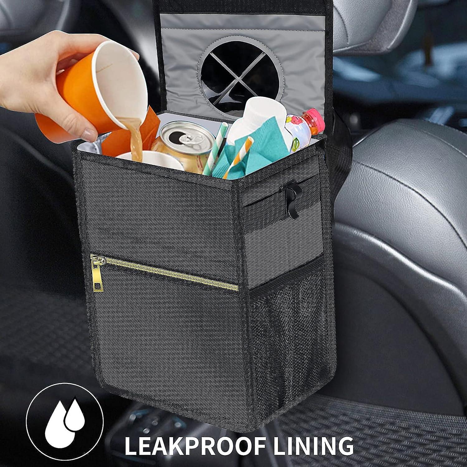 Car Trash Can， 100% Leak-proof Waterproof Car Garbage Can With Lid Portable Collapsible Auto Trash Bin With Zipper and Mesh Storage Pocket Multipurpose