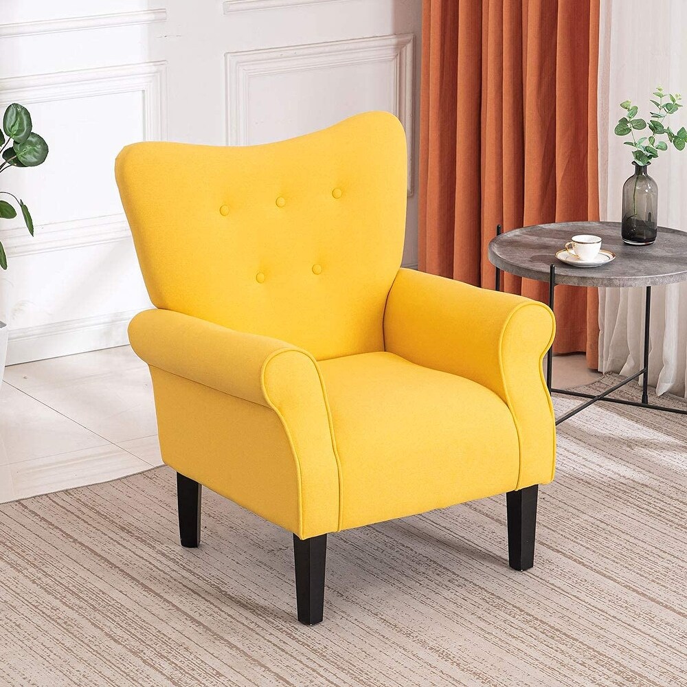 Erommy Modern Accent Chair  High Back Armchair  Upholstered Fabric Button Single Sofa with Wooden Legs for Living Room