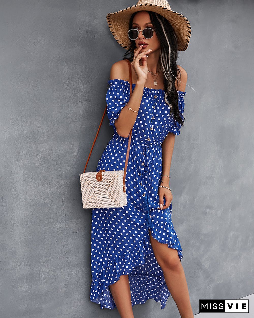 Off Shoulder Polka Dot Button Down Maxi Dress