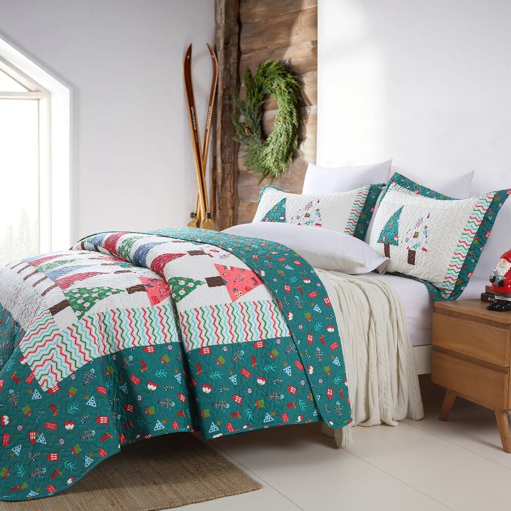 MarCielo Handcrafted Christmas Patchwork Cotton Quilt Bedspread Set 3 Piece Vintage Style Holiday Bedding