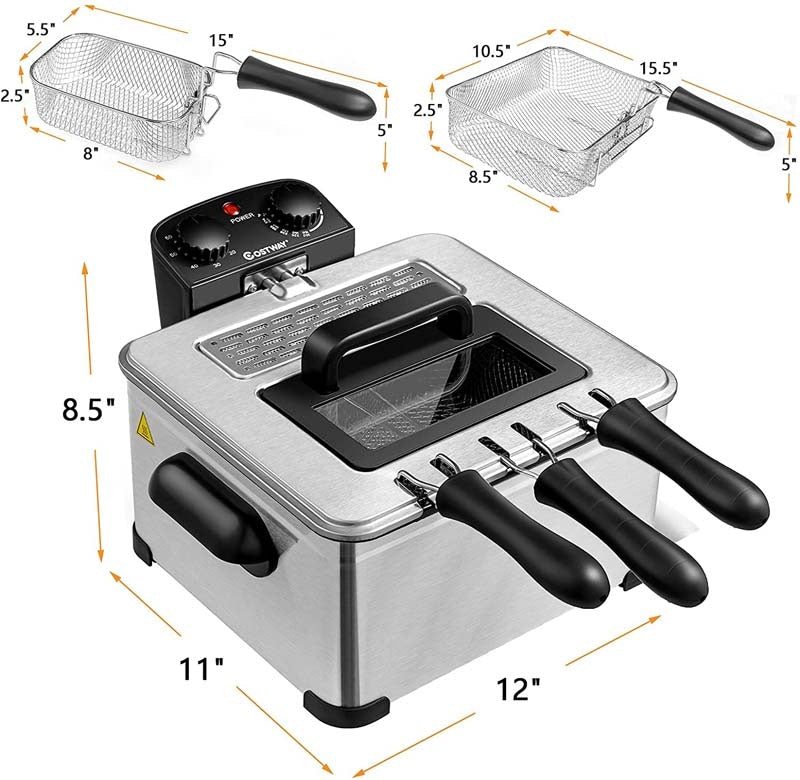 5.3 QT Electric Deep Fryer, 1700W Oil Fryer with Timer, Triple Stainless Steel Frying Basket, Viewing Window Lid