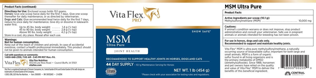 Vita Flex Pro MSM Ultra Pure Joint Support Powder Dog， Cat and Horse Supplement， 1-lb bucket