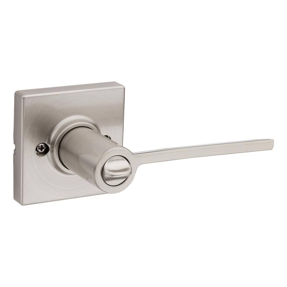 Kwikset Ladera Satin Nickel Exterior Entry Door Handle with Square Trim featuring SmartKey Security 405LRLSQT15SMK4