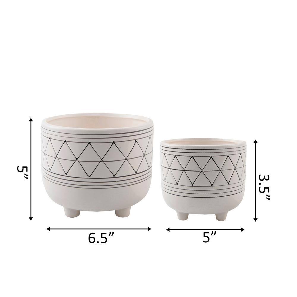 Flora Bunda 6 in. and 5 in. WhiteBlack Ceramic Line Geometric with Legs Mid-Century Planter (Set of 2) CT246E2-BLK