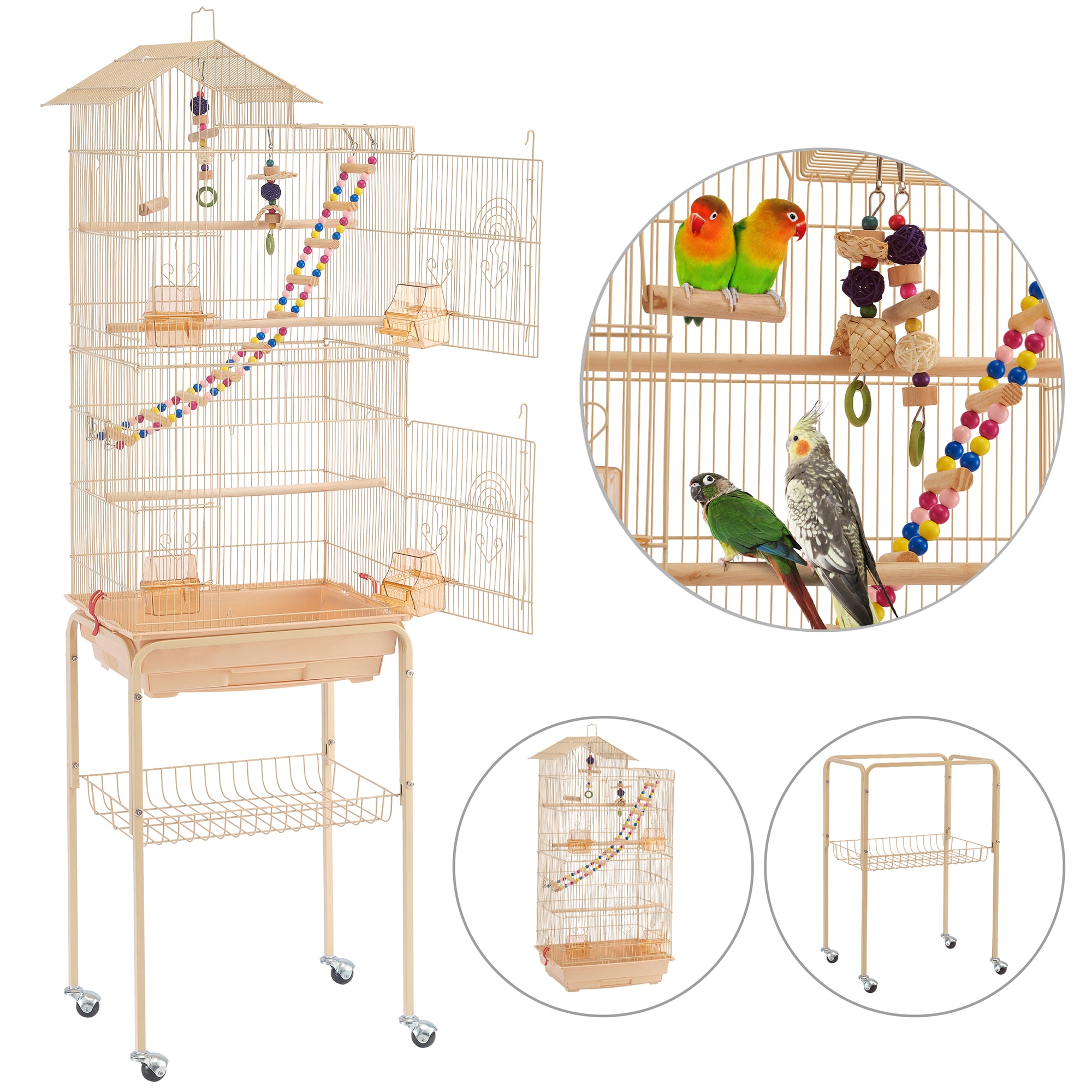 TOPEAKMART Almond Metal Bird Cage with Ladder Toy and Rolling Detachable Stand， 62.4 H