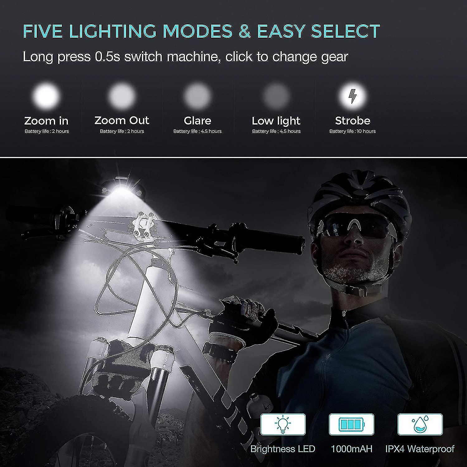 1000 Lumen Usb Rechargeable Bike Light Set， 3 Led Bike Headlamp Super Bright Headlight Ipx5 Waterproof Bicycle Safety Flashlight 360 Rotation 3-switch