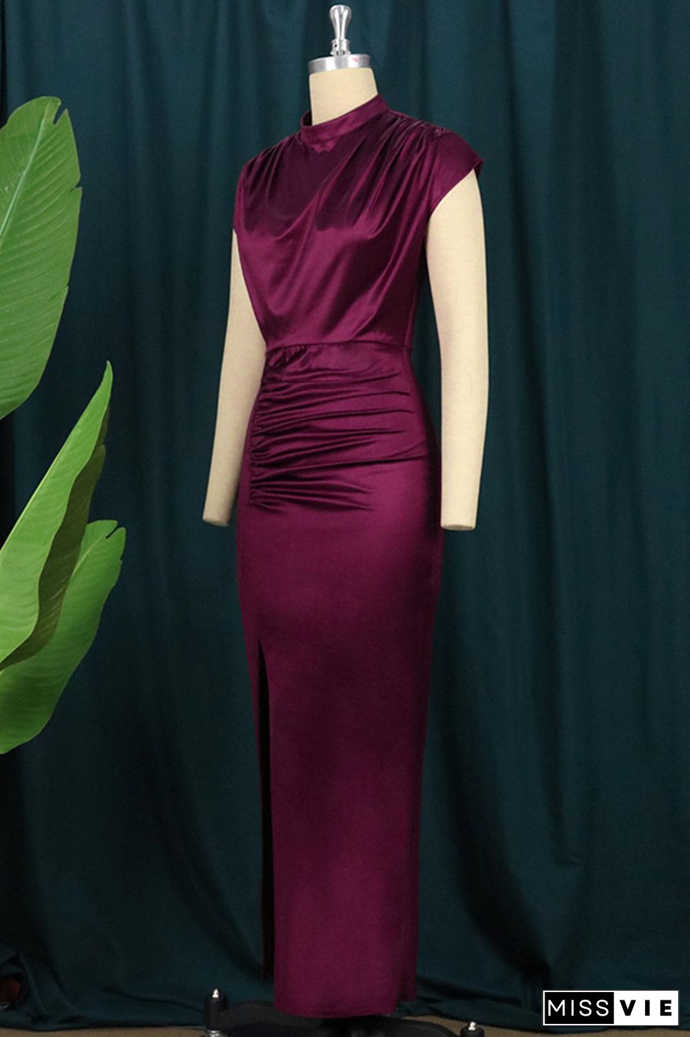 Green Fashion Sexy Solid Slit Fold Half A Turtleneck Evening Dress