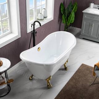 WOODBRIDGE Seattle 59 in. Heavy Duty Acrylic Slipper Clawfoot Bath Tub in White Claw Feet Drain  Overflow in Polished Gold HBT7033