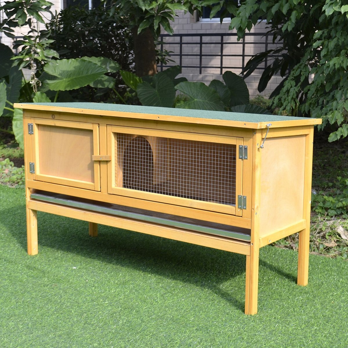 PawHut Hinged Asphalt Roof Indoor Outdoor Wooden Rabbit Hutch