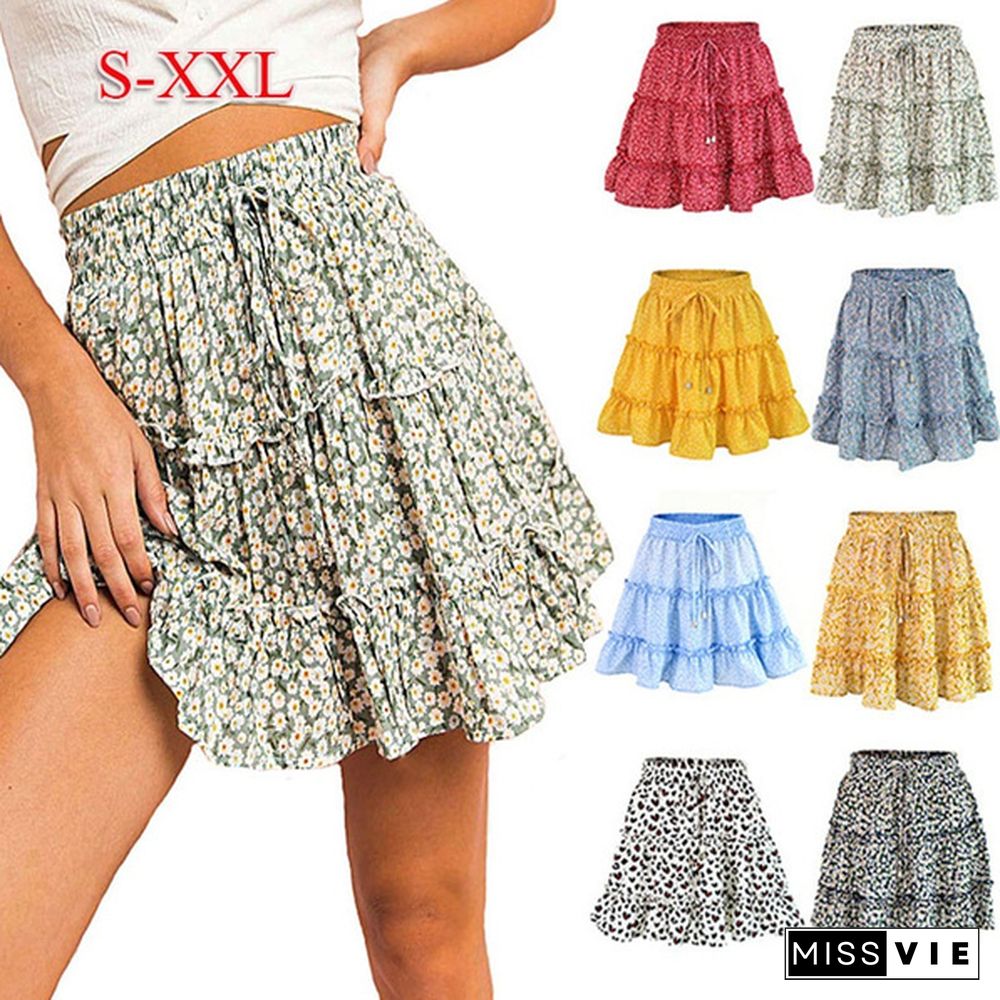 New Women Y2K Sweet Skirts Summer High Waist Falbala Floral Printing Skirts Beach Essential Womens Fashion Mini Skirt