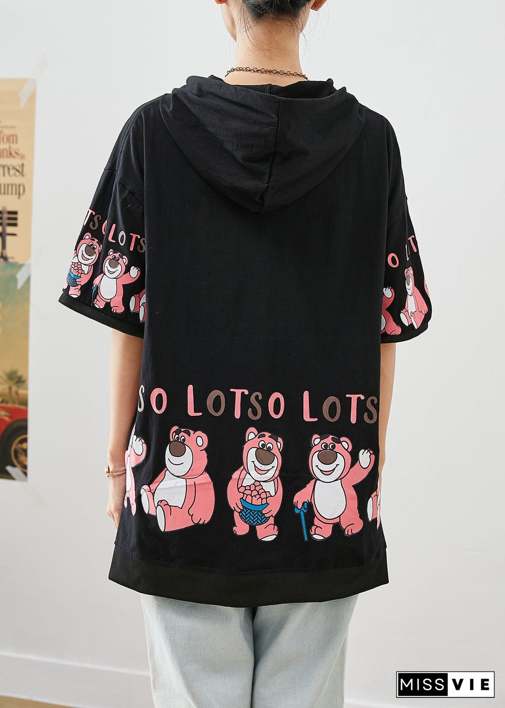 Loose Black Hooded Bears Print Cotton Sweatshirts Tops Fall