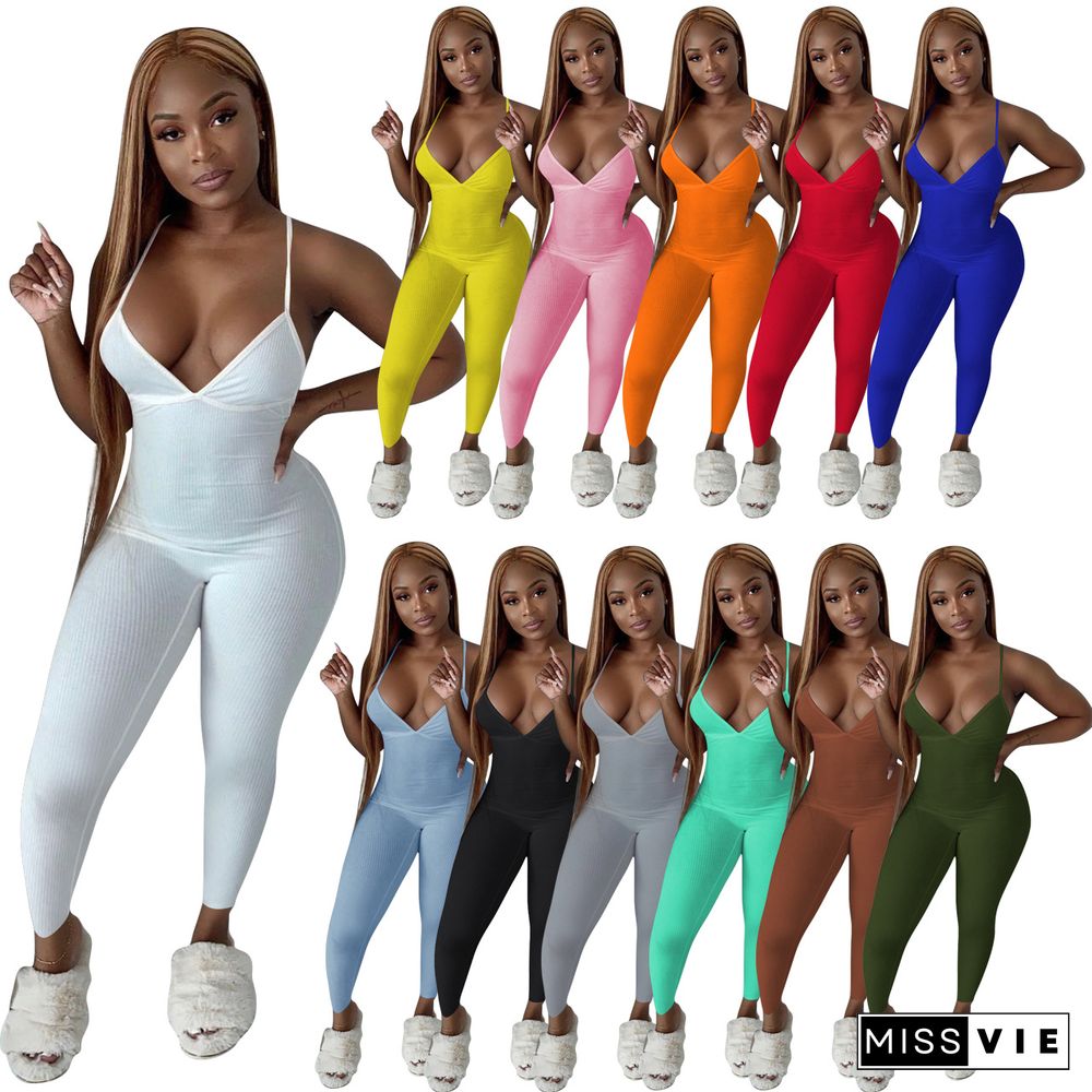 Women Sleeveless V-Neck Solid Ribbed Open Back Cross Summer Activewear Sexy One Piece Jumpsuit