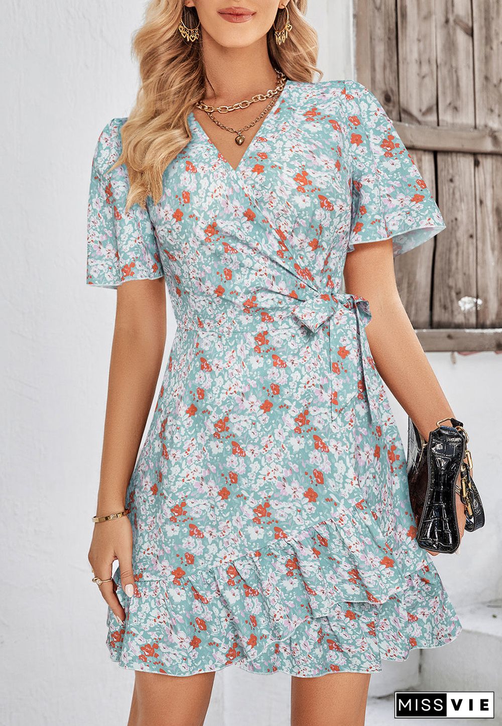 Floral Print Ruffle Hem Wrap Dress