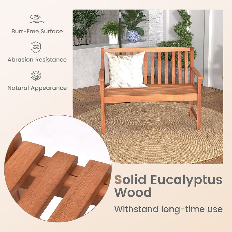 2-seat Patio Wood Bench With Cozy Armrests And Backrest