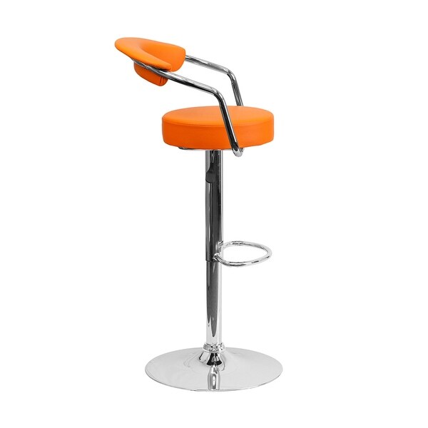 Offex Contemporary Orange Vinyl Adjustable Height Bar Stool With Arms And Chrome Base