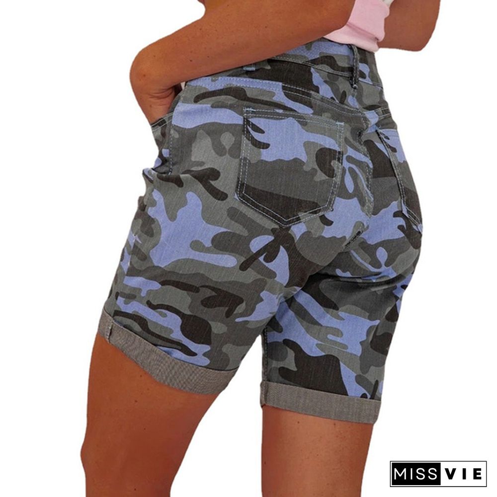 Women Summer Denim Shorts Button Zipper Camouflage Printing Slim Stretch Jeans Shorts