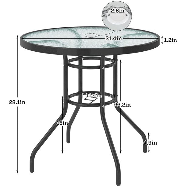 SogesPower Outdoor Round Tempered Glass Table Patio Metal Frame Dining Table with Umbrella Hole, All Weather Outside Table for Garden, 31.5inch Black